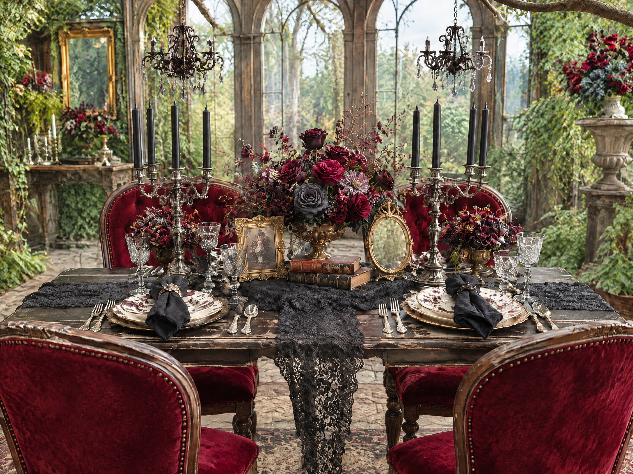 Lighter Victorian Gothic Romance styling concept with black lace, oxblood velvet chairs, silver-and-black candelabras, hanging chandeliers and dark roses