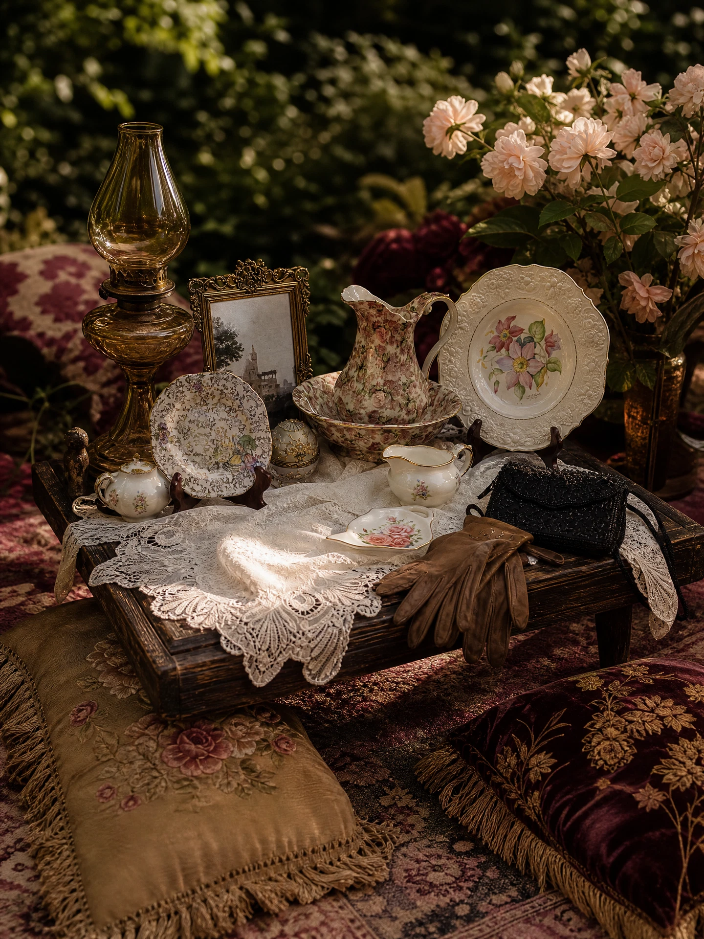 Old England spring picnic styling concept with floral china, lace, antique lamp and velvet cushions