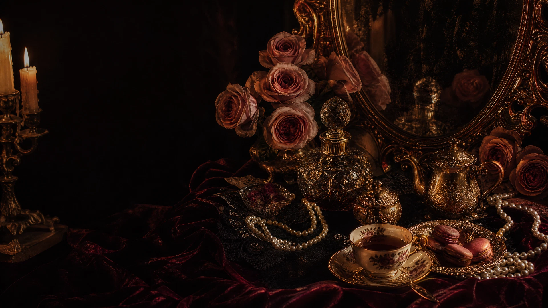 A dark Victorian tablescape layered with antique florals, cut crystal and gilt detail